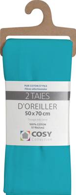 Lot de 2 taies 50x70<BR>100% coton<BR>Bleu turquoise